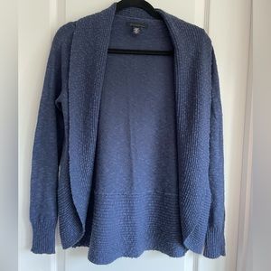 Small, navy blue Kenneth Cole cardigan with draping front.